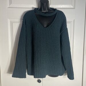Lost Wander Chunky Knit Cutout Sweater Women M Green Chocker Ribbed Pullover Top